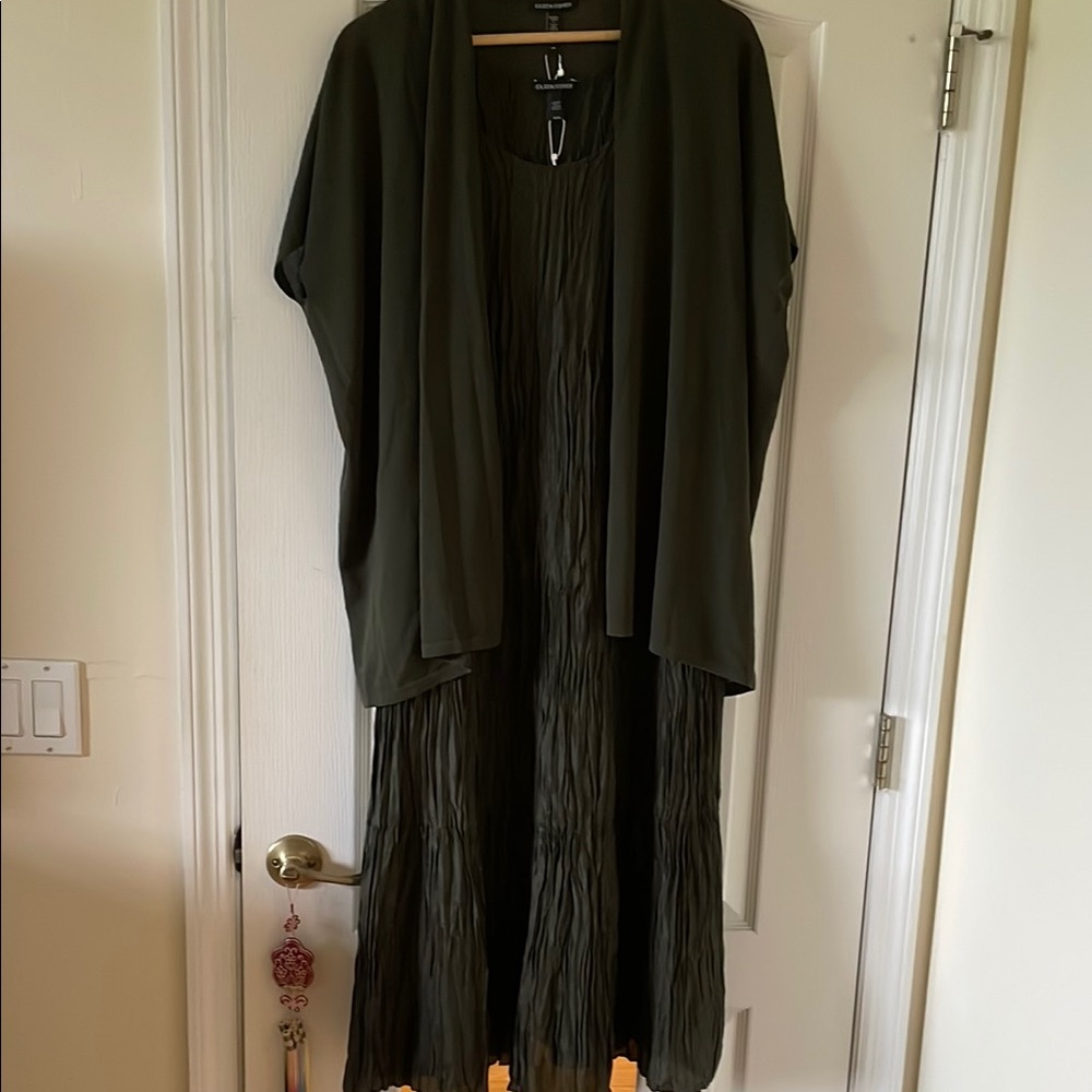 Eileen Fisher Seaweed Green Silk Tiered Dress w removable slip and Cardigan Set